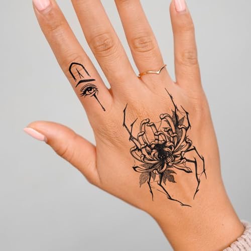 Semi Permanent Tattoos, 2 Sheets Realistic Temporary Tattoos for Women, Fake Tattoos for Wrist Hand, Waterproof No Reflective, Lasts 2 Weeks (Chicano Lucky Charm & Dark Spider Flower)