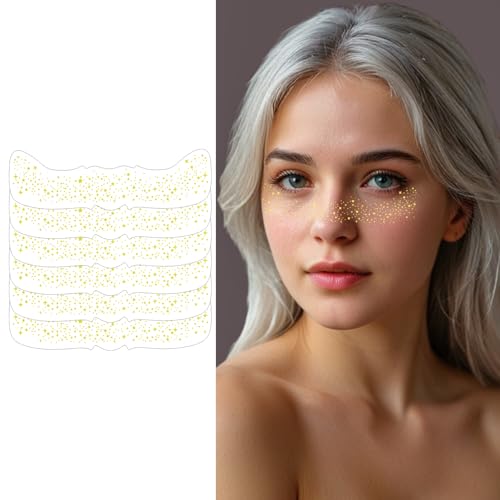 6 Pcs Gold Long Lasting Glitter Freckles, Cute Sparkle Makeup Patches, Waterproof Temporary Face Tattoo,Party Rave Glitter Makeup Accessories (Gold Pattern 8)