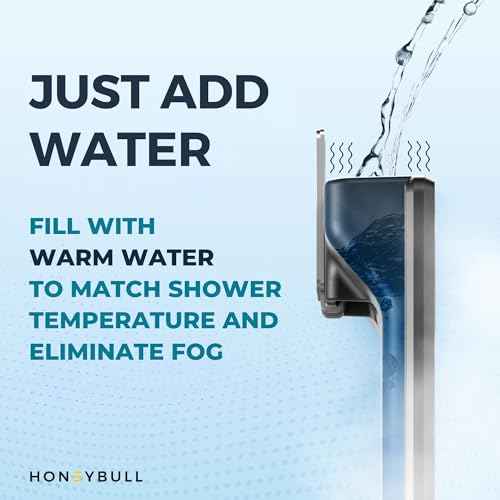 HONEYBULL Fogless Shower Mirror for Shaving ? Anti Fog Mirror for Shower with Water Tank, Adhesive Hook Mount, Bonus Razor Holder & Squeegee ? for Men and Women, Small Bathroom Accessory (Black)