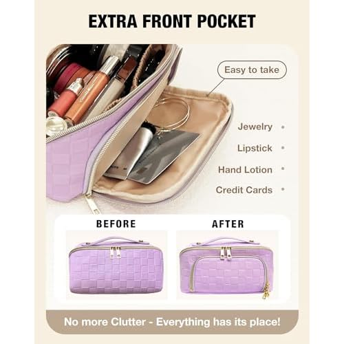 Travel Makeup Bag for Women, Large Capacity PU Leather Waterproof Checkered Cosmetic Bags, Portable Pouch Open Flat Toiletry Bag, Make up Organizer with Divider and Handle, Purple