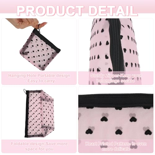Pink Mesh Makeup Bag Set - 4 Pcs Heart Print Clear Cosmetic Organizer, Travel & Toiletry Bags