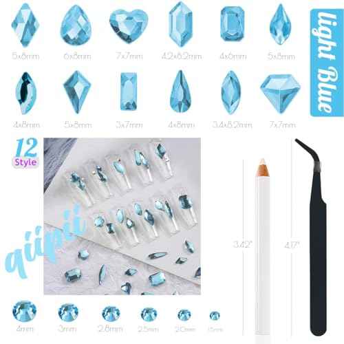 1802Pcs Light Blue Nail Rhinestones Baby Blue Gems for Nails 72 Multi Shapes K9 Glass Big Diamonds +1730 Flatback Round Beads Stones Crystals Jewels Nail Art Charms for Nails Faces Eyes Makeup
