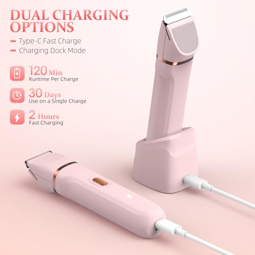 5-in-1 Bikini Trimmer for Women, IPX7 Waterproof Electric Razors Shaver, Cordless Body Hair Trimmer, Facial & Pubic Hair Removal, Ceramic Blade (Pink)