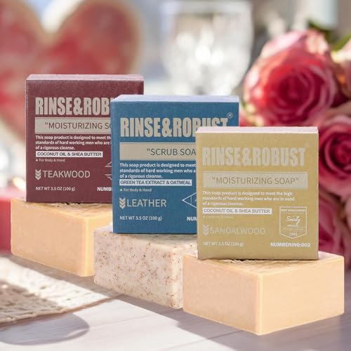 Rinse & Robust Mens Bar Soap Bath Bar Soap 3Pack Handmade Natural Soap Bar Set Cleansing Bar Moisturizing&Exfoliating Scrub Soap Gift Set for Men | Leather, Sandalwood, Teakwood | 3.5 oz of 3 Bars
