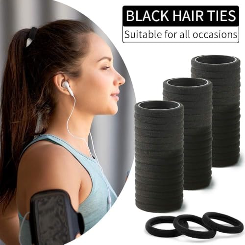 100 Pack Black Seamless Elastic Hair Ties - No Damage