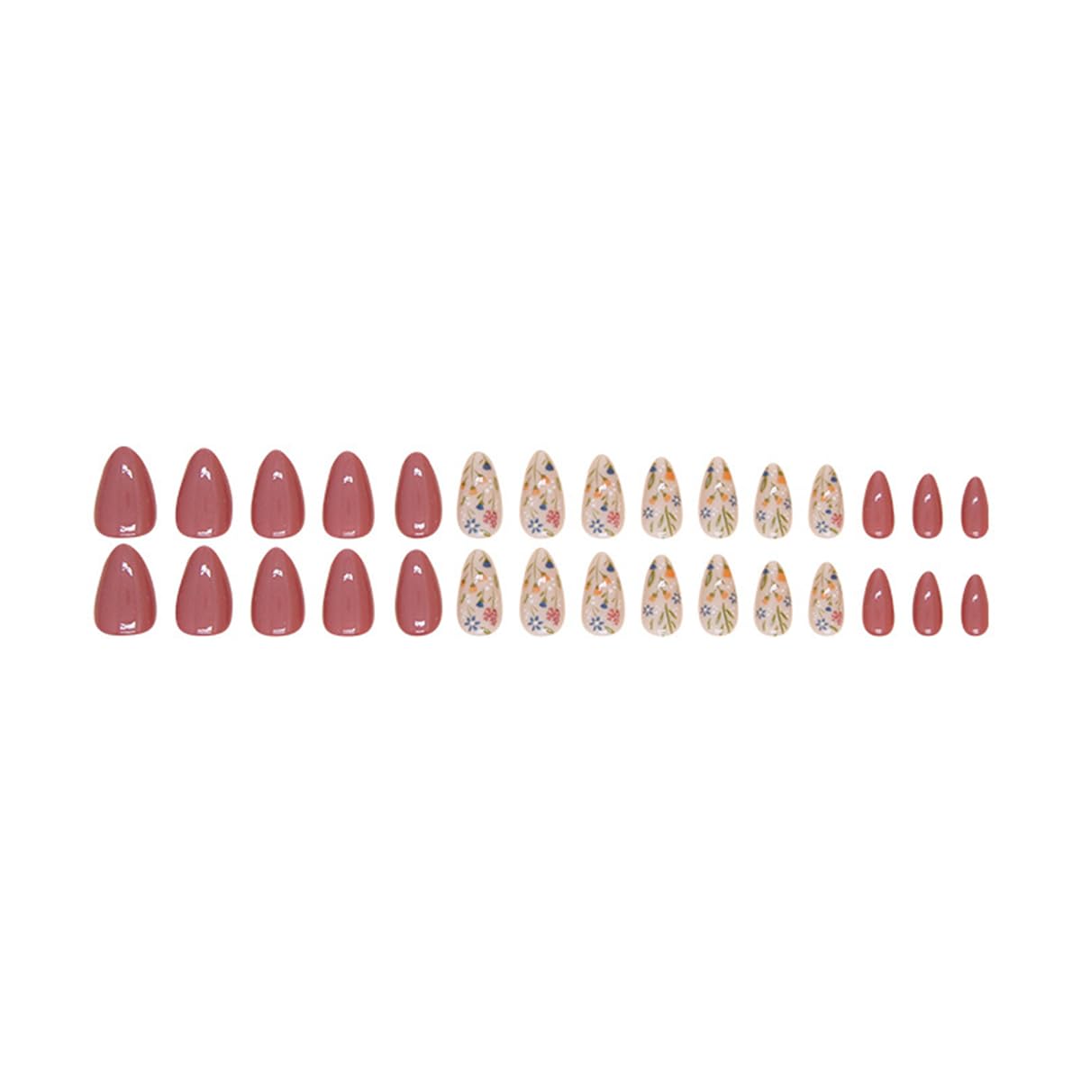 Brown Press on Nails Medium Almond Fake Nails Full Cover False Nails with Designs Leaf Flower Glue on Nails Glossy Acrylic Nails Stick on Nails Spring Summer Artificial Nails for Women Girls 24Pcs