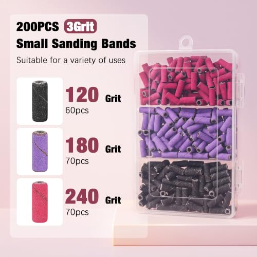 200 Pcs Nail Sanding Bands Set - 120/180/240 Grit with Mandrel Bits