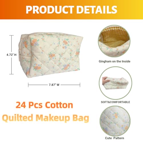 24 PCS Cotton Quilted Makeup Bags Bulk with Zipper-Easter Gifts Floral Bridesmaid Gifts Cosmetic Makeup Pouch Birthday Gifts for Women/Mothers Day/Teacher Appreciation/Graduation Gift(24 Pack)