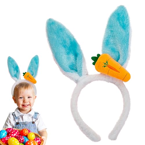 AEGYPIUS Easter Bunny Ears Headband for Girls Plush Rabbit Ears Hairbands for Kids and Adults Easter Headwear with Carrot Decor Easter Costume Accessories for Easter Party Decoration (Blue)