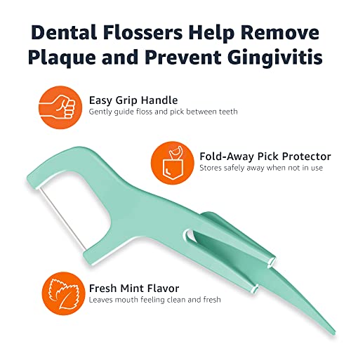 Amazon Basics Mint Dental Flossers Pack of 1 - 90 Shred-Resistant Picks with Fold-Away Toothpick