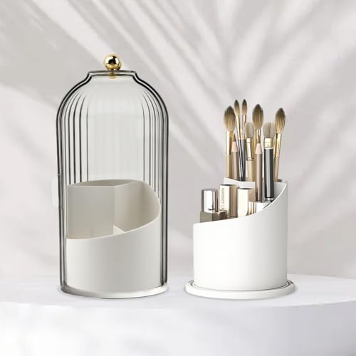 Makeup Brush Holder with Lid, 360 Rotating Sliding Opening Cosmetic Tools Organizer, Waterproof Dustproof Makeup Brush Organizer for Vanity Desktop Bathroom Countertop(COLOR:White And Clear)