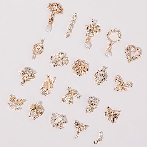 HNUIX Nail Charms and Gems - Gold Copper Zircon, Multiple Shapes 3D Dangle, Metal Jewelry Rhinestones for Nails (20pieces C Set)