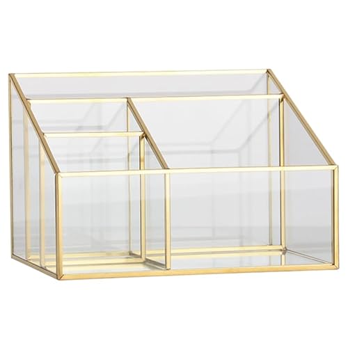 Alipis Glass Makeup Organizer with Gold Trim, Multi-Functional Cosmetic Storage Case for Vanity, Lipstick, Jewelry, Makeup Brush, Eyeliner Holder, 7.67 X 5.70 X 5.11 Inches