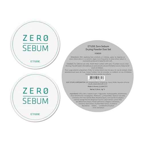 ETUDE Zero Sebum Drying Powder Duo Set 0.14 Ounce*2 (4g*2) | Lightweight Oil Control No Sebum Loose Face Powder with 80% Mineral | Long Lasting, Makes Skin Downy, Korean Makeup, Kbeauty