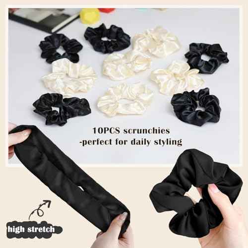 Long Hair Bonnet for Women, XL Silky Satin Sleeping Cap with Tie Band for Braids Curly Hair, Includes 10PCS Scrunchies