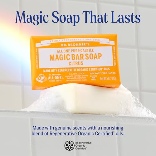Dr. Bronner's Pure-Castile Magic Bar Soaps - Made with Regenerative Organic Certified Oils - For Face, Body, Hair- Vegan Soap Bars for Men & Women - Citrus, 12 pack, 5 oz
