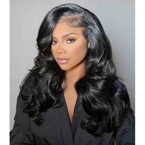 Ugrace Layered Cut C-Side Part Loose Wave Glueless Wigs Human Hair Pre Plucked Pre Cut 6¡¿5 HD Lace With Baby Hair Pre Bleached Knots 180% Density Natural Black Wigs for Black Women 18Inch