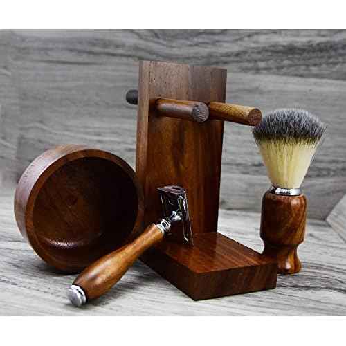 Safety Razor Shaving Kit, Double Edge Razor Blades,Hair shaving Brush wood Handle, Wood Shaving Bowl And Shaving Stand Kit, Wet Shave Grooming Set for Men Best shaving set Gift For Gentleman