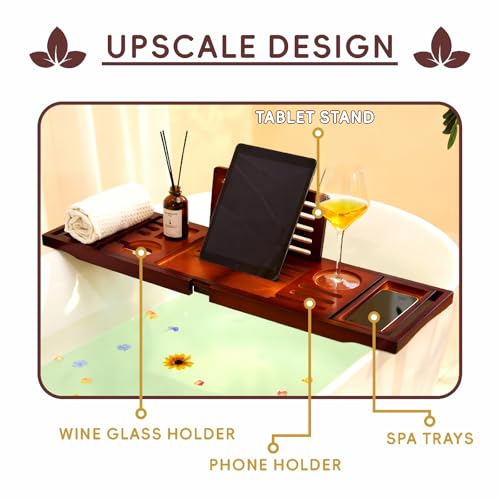 Premium Foldable Bamboo Bathtub Tray Caddy, Expandable Bath Caddy Tray with Holder, Brown Bath Shelf Over Tub, Spa Bathroom Accessories & Gifts for Home