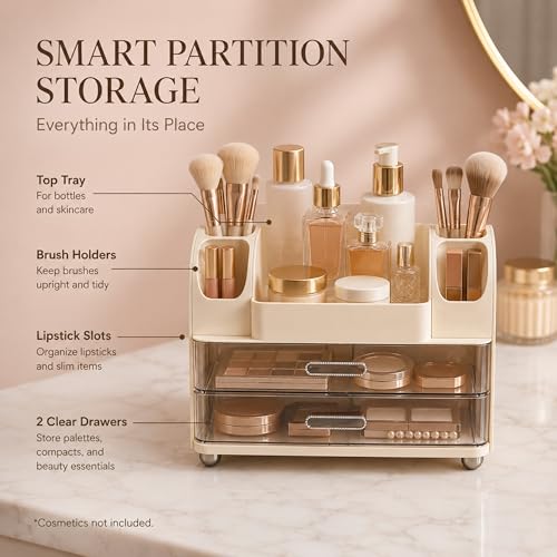 Large Makeup Organizer with 2 Clear Drawers, No Assembly
