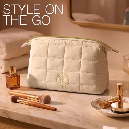 BLOOMORA Quilted Camel Makeup Bag with Wide-Open Top