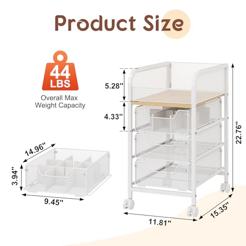 Narrow Rolling Makeup Cart Organizer with 3 Drawers - White