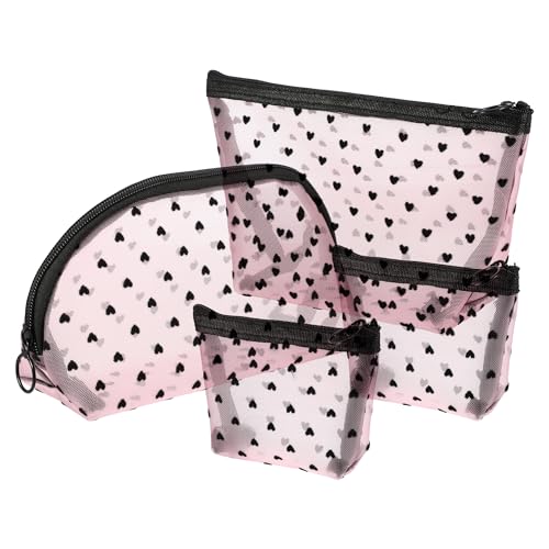 VOCOSTE 4pcs Heart Shape Print Mesh Makeup Bag, Makeup Bag Clear, Mesh Bags with Zipper, Clear Makeup Pouch Mesh Bags, Make Up Bags for Women, Pink