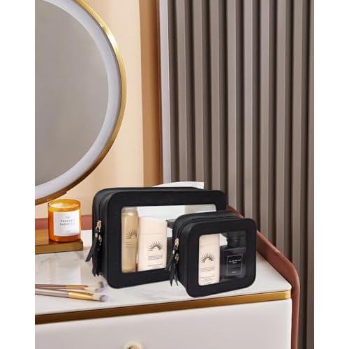 2 Pcs Travel Clear Makeup Bag Set, Clear Black Makeup Organizer with Zipper Leather Travel Bags for Toiletries Small Cosmetic Bags for Women Mini Make up Pouch Toiletry Bags Car Essentials
