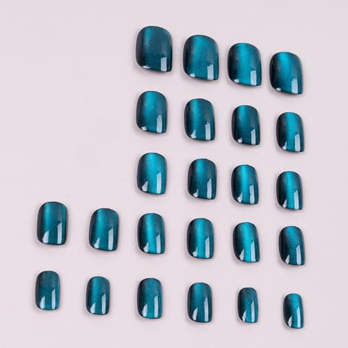 Extra Short Press on Nails Square Fall Fake Nails Blue Cat Eyes Nails Solid Color Designs Glossy Full Cover False Nails Cat Eyes Gel Nail Polish Acrylic Nails Stick on Nails for Women and Girls 24 Pcs