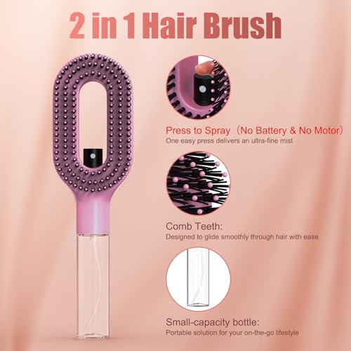 Pink 2-in-1 Portable Misting Hair Brush for All Hair Types - Anti-Frizz Detangler