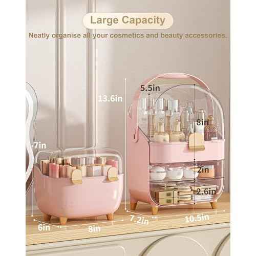 Makeup Organizer with Lipstick Holder, Skincare Organizers Storage Box Cosmetic Display Cases, Teen Girl Gifts Make up Organizers for Vanity, Dresser, Countertop, Bathroom(Pink)