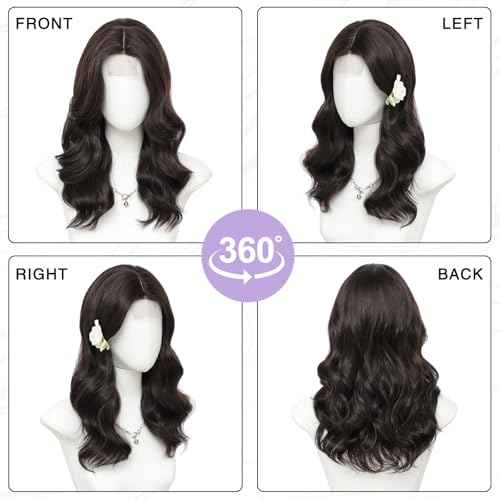 MORICA Dark Brown Wigs for Women 18 Inch Middle Part Medium Length Short Curly Wavy Wigs,Natural Synthetic Hair Womens Wigs for Daily Party/Halloween Use£¨18inch£¬Dark Brown£©