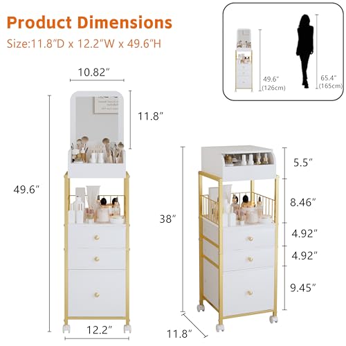Makeup Cart Organizer with Mirror, Floor Makeup Organizer Large- Make Up Organizers Vanity Cart Cosmetic Display Cases Holder for Skin Care Perfume Nail Polish Brush Hair Tool (Gold)