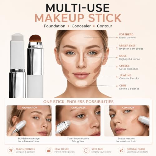 Tryskintle Dual-Ended Foundation Stick with Brush - Full Coverage, Hydrating Makeup for Dry Skin