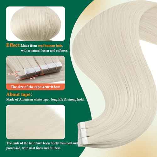 Easyouth Tape in Hair Extensions Human Hair Blonde Tape in Human Hair Extensions White Blonde Invisible Tapes in Real Human Hair Extension 20 Inch 50G 20Pcs