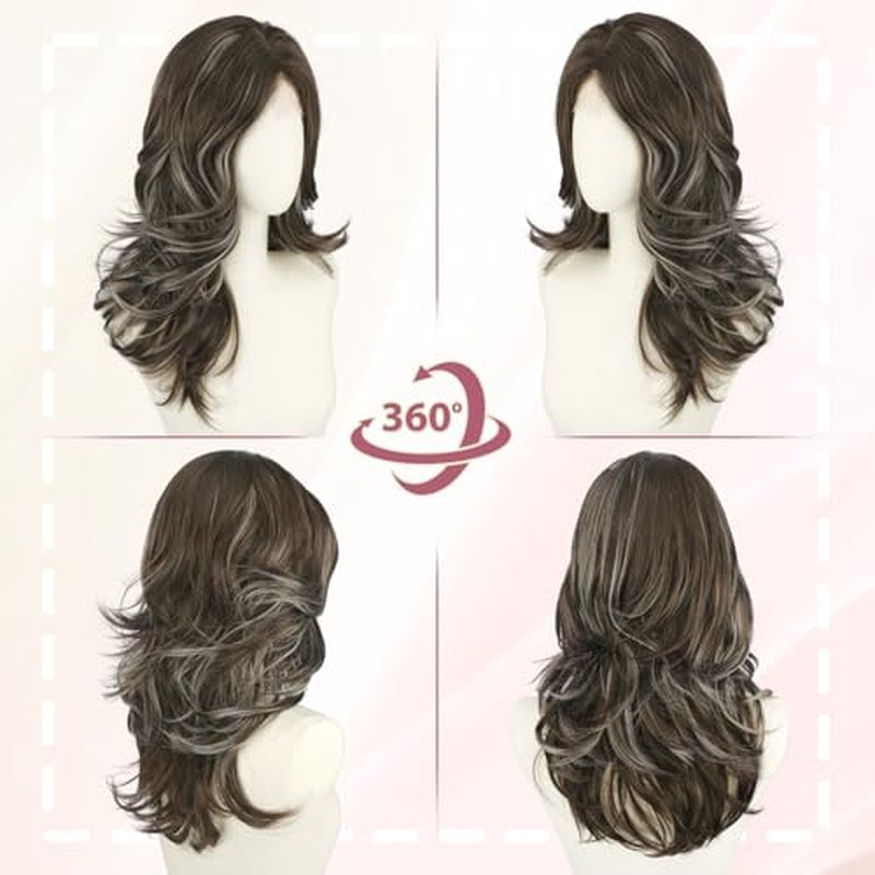 20 Inch Ash Brown Layered Wig with Curtain Bangs - Natural Lace Front