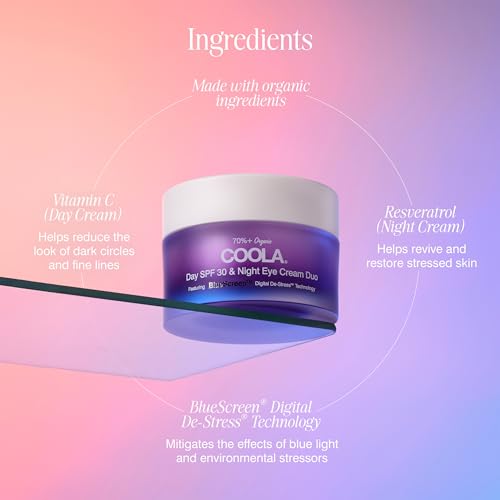 COOLA Organic Day and Night Eye Cream Face Moisturizer with SPF 30, Dermatologist Tested Face Sunscreen with Plant-Derived BlueScreen Digital De-Stress Technology, 0.8 Fl Oz