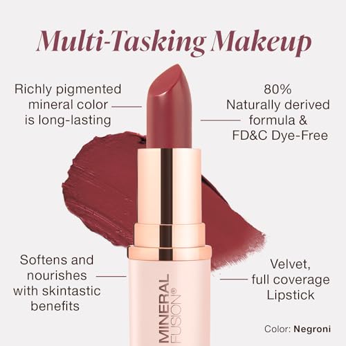 Mineral Fusion Lipstick, Vivid & Smudge-Free Lip Color with Avocado Oil, Cocoa Seed Butter & More, Long-Lasting Vegan Lipstick, FD&C Dye-Free, Cruelty-Free, Paraben-Free, Gluten Free, Negroni