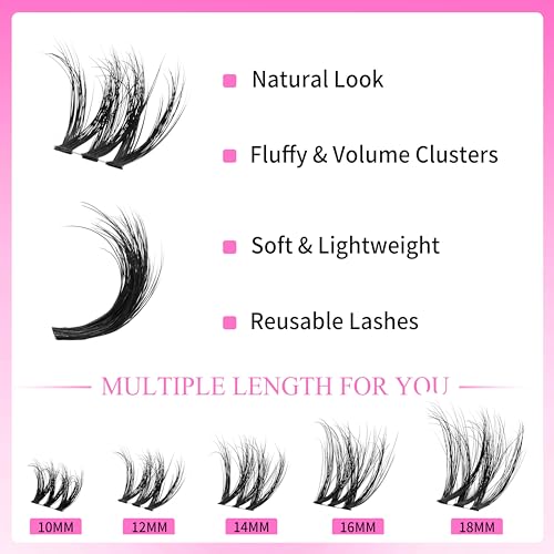 VEYESBEAUTY Lash Clusters Fluffy Individual Lash Extensions VBmuse 3D Layered Volume Eyelashes Thin & Invisible Band Wispy Faux Mink Lash Newbie's Five-Second Mixed Length 10-18mm