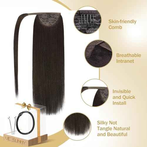 Ve Sunny Brown Clip in Hair Extensions Ponytail Wrap Around Silky Straight 16inch Remy Human Hair Ponytail Extensions Solid Dark Brown Hair Extensions Pony Tail 80g