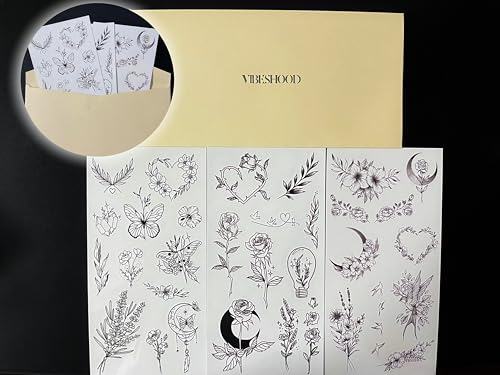 Temporary Tattoos Waterproof Flower Heart Moon 3 Sheets