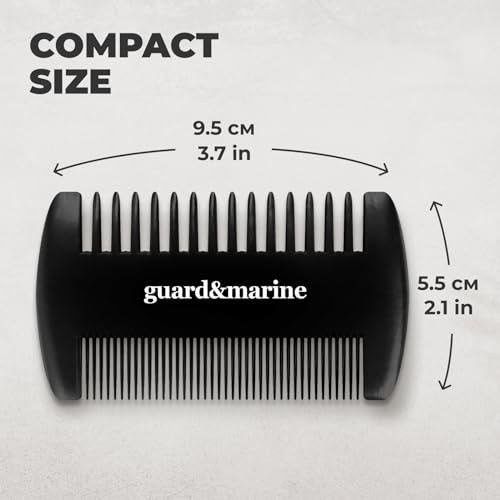 GUARD&MARINE Wooden Beard & Mustache Comb with Fine and Coarse Teeth - Pocket Size - Ideal for Use with Balms and Oils. Stylish and Convenient with a PU Leather Case (black)