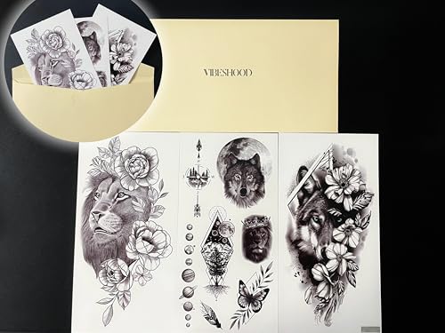 Temporary Tattoos Lion and Wolf - 3 Sheets Waterproof