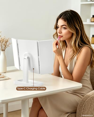 White Rectangular Trifold Vanity Mirror with Lights, 8.7"L x 13.6"W, Dimmable LED & Magnification