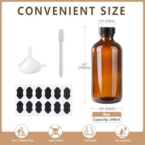 12 Pack 8 oz Amber Glass Boston Bottle With Black Poly Cap, Funnel, Chalk Labels, Pen, Dispensing Bottles for Homemade Vanilla Extract, Essential Oils, Herbal Medicine, Wedding Christmas Decor