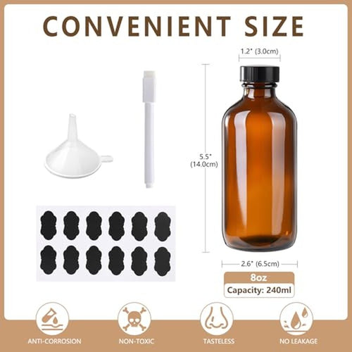 12 Pack 8 oz Amber Glass Boston Bottle With Black Poly Cap, Funnel, Chalk Labels, Pen, Dispensing Bottles for Homemade Vanilla Extract, Essential Oils, Herbal Medicine, Wedding Christmas Decor