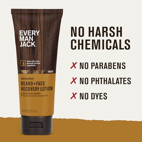 Every Man Jack Beard + Face Recovery Lotion-Moisturizes Relieves Dry Skin and Beard Itch - Light Sandalwood Scent-Made w/Naturally Derived Ingredients like Coconut Oil, and Witch Hazel-3.2oz(2 pack)