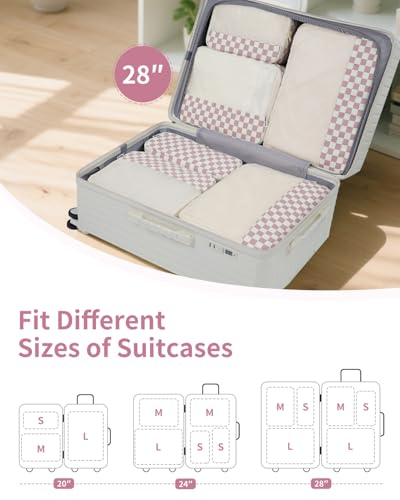Narwey 7-Piece Checkered Packing Cubes Set for Travel - Dusty Pink