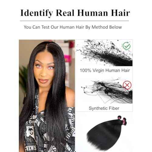 KLAIYI Yaki Straight Bundles Human Hair Weaves Unprocessed Real Virgin Hair Sew In Extensions One Bundle Of 20Inch, 12A Kinky Straight Double Wefts for Women Cllip In Light Yaki Natural Black Color