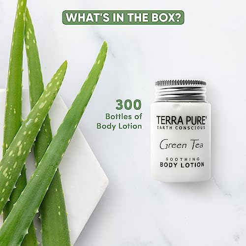 Terra Pure Travel Size Hotel Body Lotion 300 Count 1 oz Bottles Guest Amenities for Hotels Vacation Rentals and Short Term Rentals Paraben Free Green Tea Scent Infused with Aloe and Olive Oil